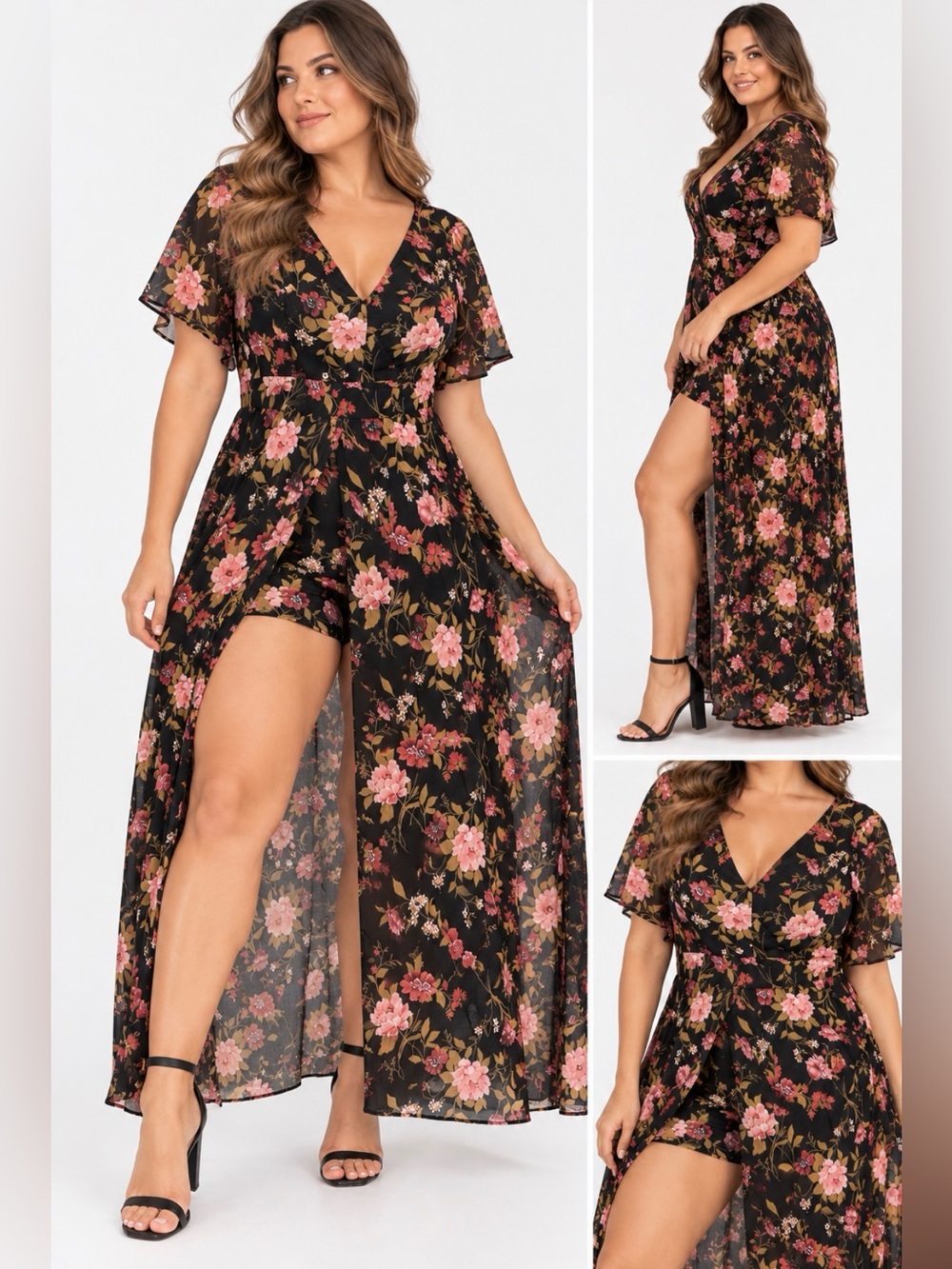 Torrid Floral Maxi Romper Sheer Overlay Black Pink Size 26